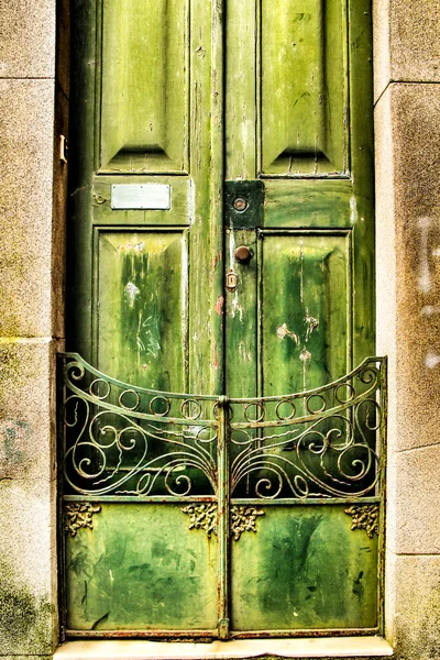 Old Wooden Green Door Wrought Iron Fence Porto Portugal — Stock Photo, Image