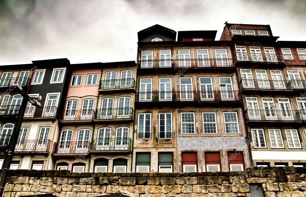 Porto, Portugal- January 1, 2020: Old colorful vintage houses and beautiful streets of Oporto, Portugal in Spring.