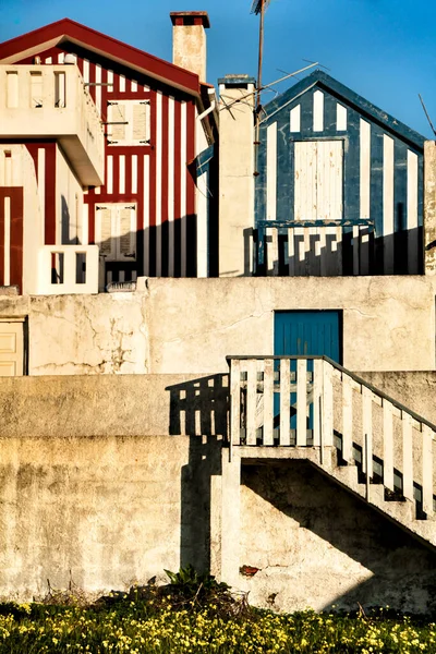 Gyönyörű Színes Csíkos Homlokzatok Costa Nova Tengerparton Aveiro Porto Portugália — Stock Fotó