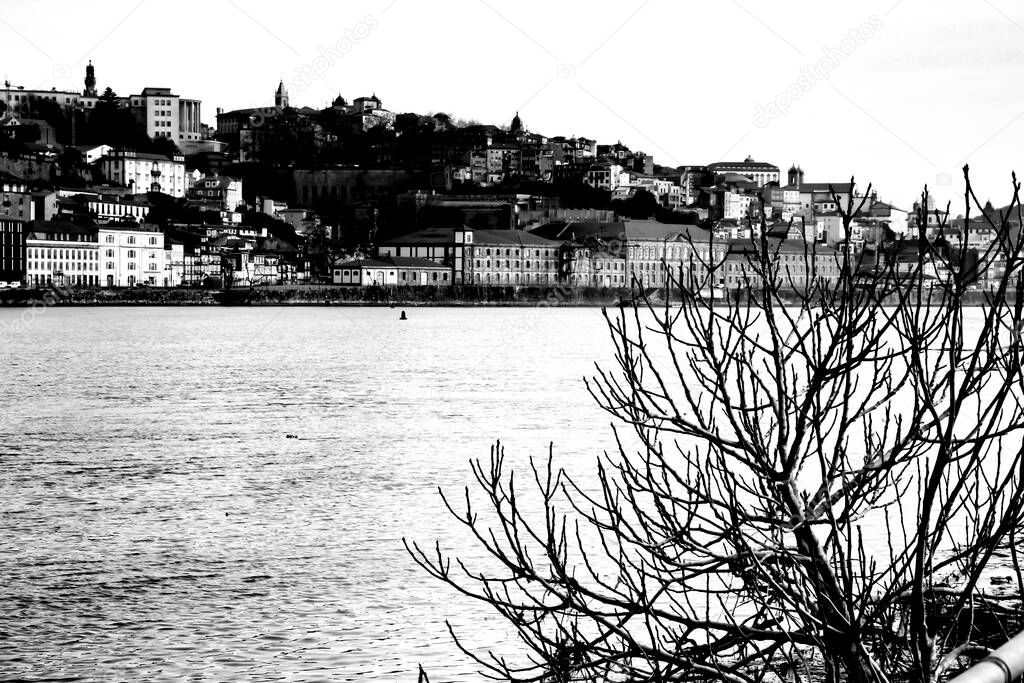 Beautiful view of the city of Porto from the Douro River on a clear day of winter