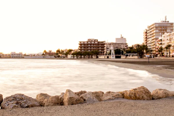 Praia Pôr Sol Santa Pola Pequena Vila Piscatória Sul Espanha — Fotografia de Stock