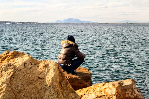 Man Fishing Relaxing Sunny Day Santa Pola Alicante Spain — Stock Photo, Image