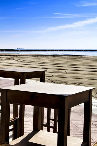 Bar Avec Terrasse Vide Sur Plage Santa Pola Par Une — Photo