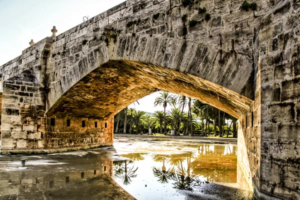 Vecchio Ponte Pietra Riflessioni Una Pozzanghera Parco Valencia — Foto Stock
