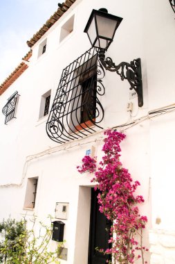 Beautiful whitewashed facade with colorful bougainvillea plant in Altea village, Alicante, Spain