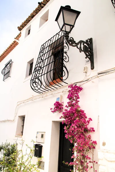 Beautiful whitewashed facade with colorful bougainvillea plant in Altea village, Alicante, Spain