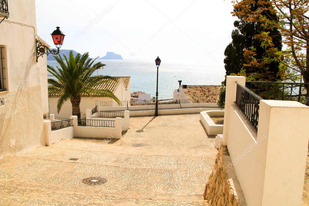 Beautiful panoramic view of Altea village and mediterranean sea from the Santa Barbara viewpoint in Spring