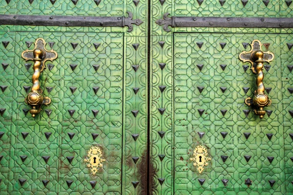 Beautiful Entrance Green Metal Door Town Hall Alicante Trim Ornaments — Stock Photo, Image