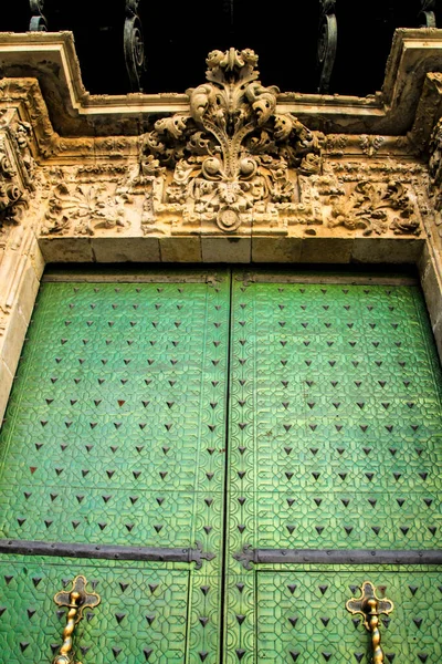 Beautiful Entrance Green Metal Door Town Hall Alicante Trim Ornaments — Stock Photo, Image