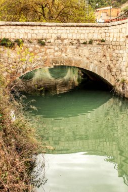 Jucar Nehri ve eski taş köprü Alcala del Jucar köyünde bitki örtüsüyle çevrili.