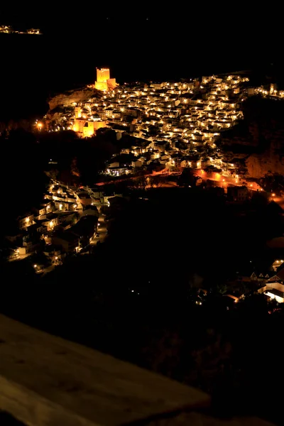 Views Illuminated Village Alcala Del Jucar Night Viewpoint Spring — Stock Photo, Image
