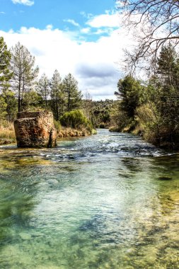Cabriel Nehri kristal berrak sularla çevrili ve Albacete, İspanya dağlarında yeşil bitki örtüsüyle çevrili.