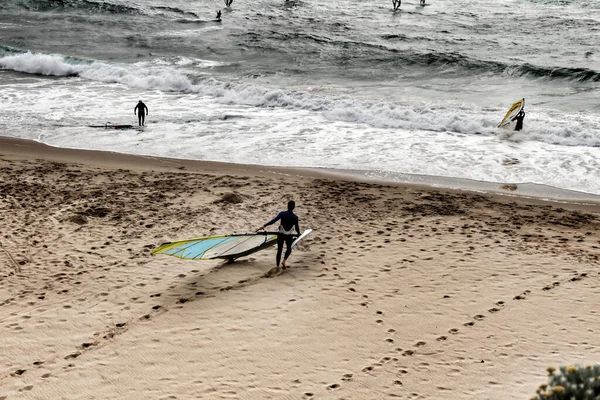 Lisbon Portugal April 2020 Surfers Guincho Beach Cloudy Sky Spring — 스톡 사진