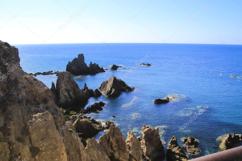 Reef of the Sirens in Cabo de Gata-Nijar natural park, Almeria, Spain on a sunny day of summer.