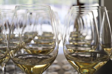 İspanya 'da bir restoranda beyaz şarap bardakları