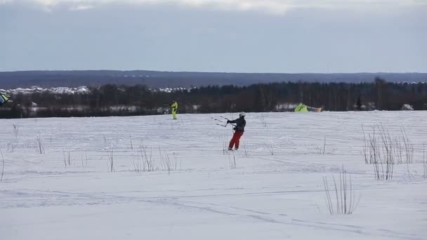 Snowkiting zima na polu. — Wideo stockowe