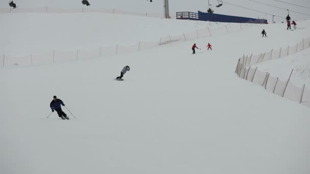 Skid- och snowboardåkare skidåkning slalom — Stockvideo