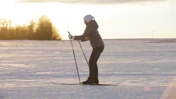 Cross-country skiing on field. — Stock Video