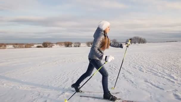 Esqui cross-country em campo . — Vídeo de Stock