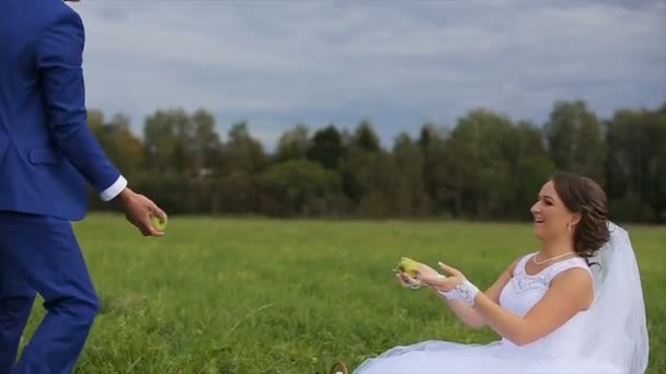 Novia y novio en un prado verde en el día de verano — Vídeos de Stock