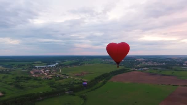Αερόστατο στον ουρανό πάνω από ένα πεδίο. Εναέρια άποψη — Αρχείο Βίντεο
