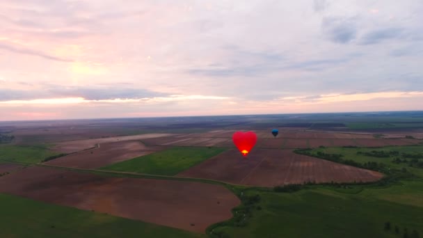 Balão de ar quente no céu sobre um campo.Vista aérea — Vídeo de Stock