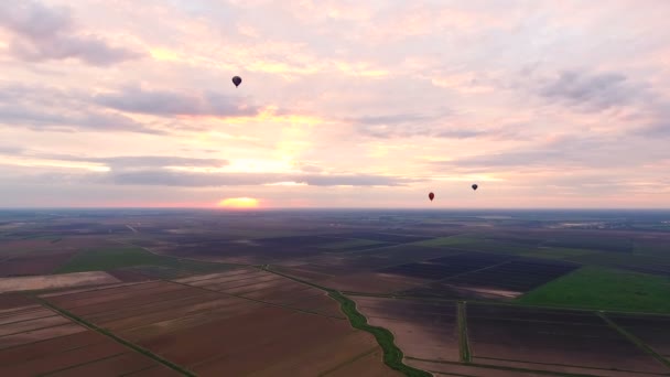 Horkovzdušné balóny na obloze nad polem. Letecký pohled — Stock video