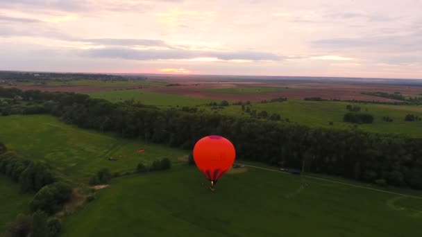 Horkovzdušný balón na obloze nad polem. Letecký pohled — Stock video