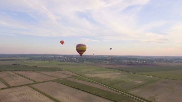 Balões de ar quente no céu sobre um campo.Vista aérea — Vídeo de Stock