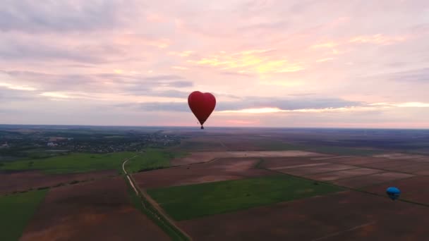 Balão de ar quente no céu sobre um campo.Vista aérea — Vídeo de Stock