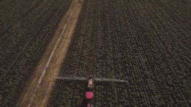 Traktör gübre patates alana püskürtme. Hava video.