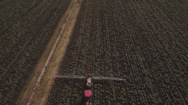 Traktor je rozprašování hnojiv bramborovém poli. Letecká videa. — Stock video