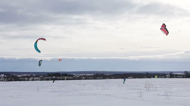 Snowkiting χειμώνα στο γήπεδο. — Αρχείο Βίντεο