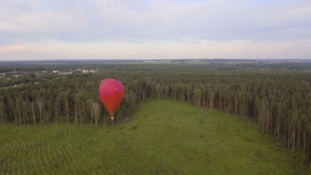 Montgolfière dans le ciel au-dessus d'un champ.Vue aérienne — Video