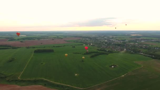 Balonów na ogrzane powietrze w niebo nad polem. Widok z lotu ptaka — Wideo stockowe
