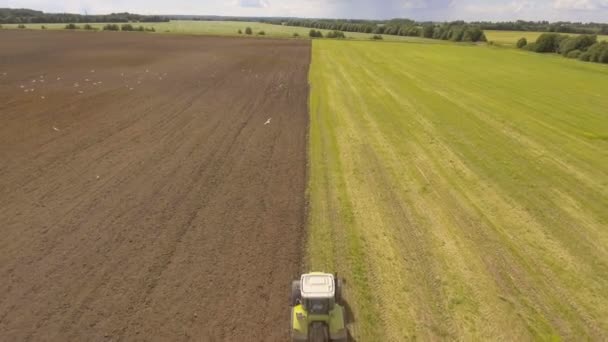 Ciągnik orający pola.Filmik z powietrza. — Wideo stockowe