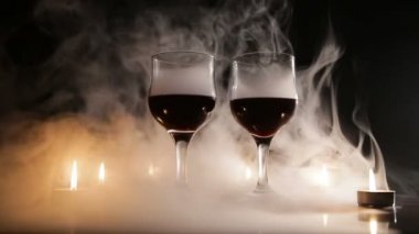Şarap, gözlük ve duman yanan mumlar.