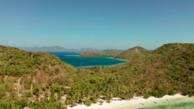Kumlu plajlı tropik ada, Filipinler, Palawan