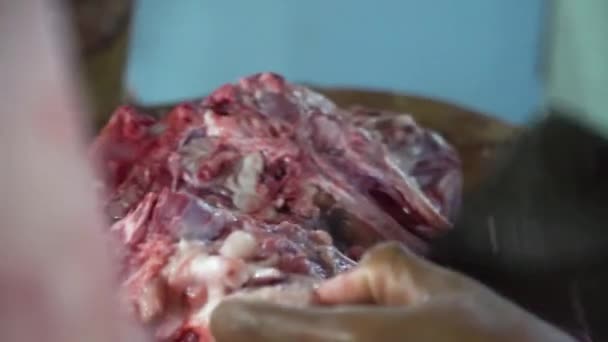 Boucher hacher la viande crue avec un couteau — Video