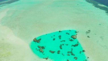 Tropik plaj ve dalgalı mavi deniz.