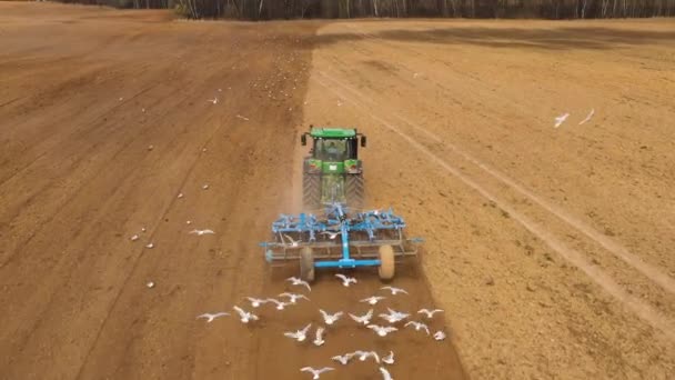 Traktorn plogar fältet, förbereder för grödor. — Stockvideo