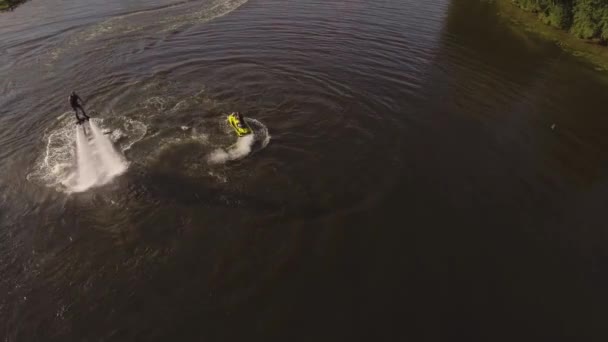 Fly board rider on the river.Aerial video. — Stock Video