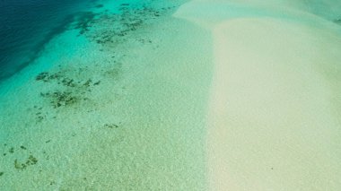 Göl kıyısında turkuaz suyu olan bir kumsal. Balabac, Palawan, Filipinler.