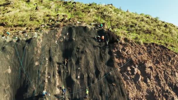 Rockfall protection netting, safety wire mesh in the mountains — Stock Video