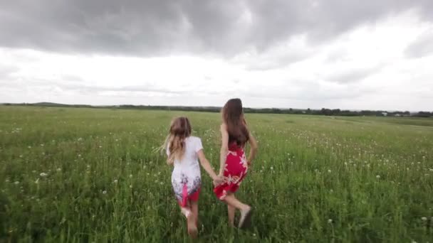 Junges Mädchen läuft auf einem Feld Händchen haltend — Stockvideo