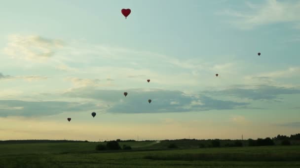 Horkovzdušné balónky létající přes pole na venkově — Stock video
