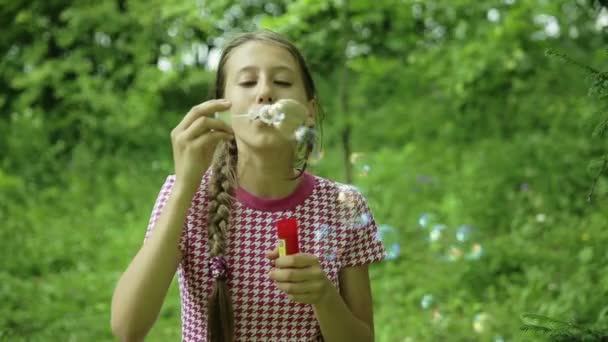 Chica joven soplando burbujas de jabón al aire libre — Vídeos de Stock