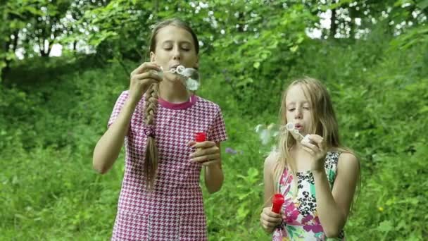 Chicas jóvenes soplando burbujas de jabón al aire libre — Vídeos de Stock