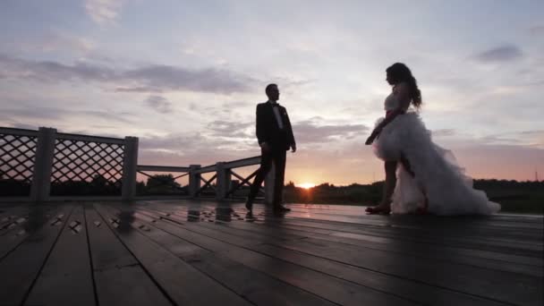Pareja de boda cogida de la mano al atardecer — Vídeos de Stock