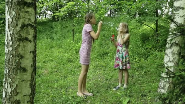 Chicas jóvenes soplando burbujas de jabón al aire libre — Vídeos de Stock